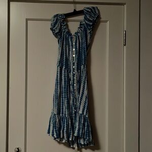 Olivaceous Off the Shoulder mother of Pearl Button Tie Dye style dress